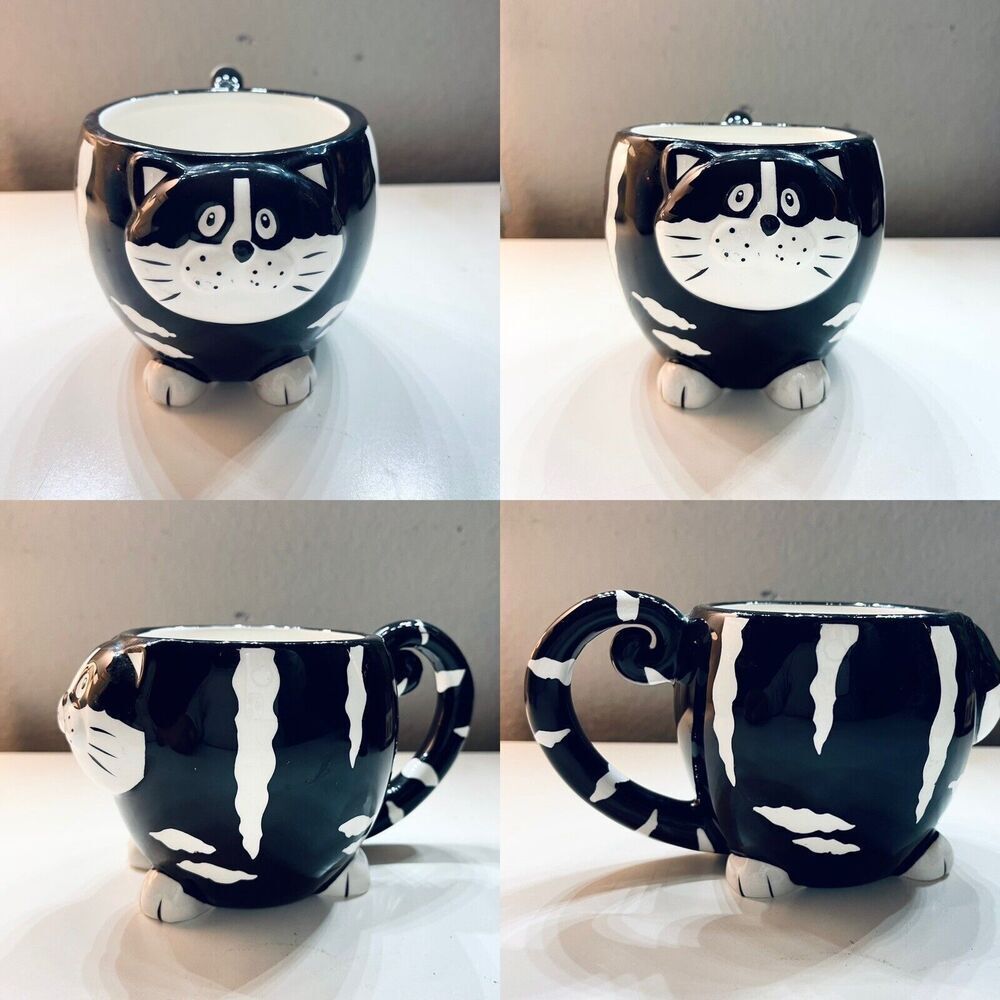 Chubby Cat Mug Pier 1‎ Hand Painted Dolomite Black & White Striped Coffee Cup